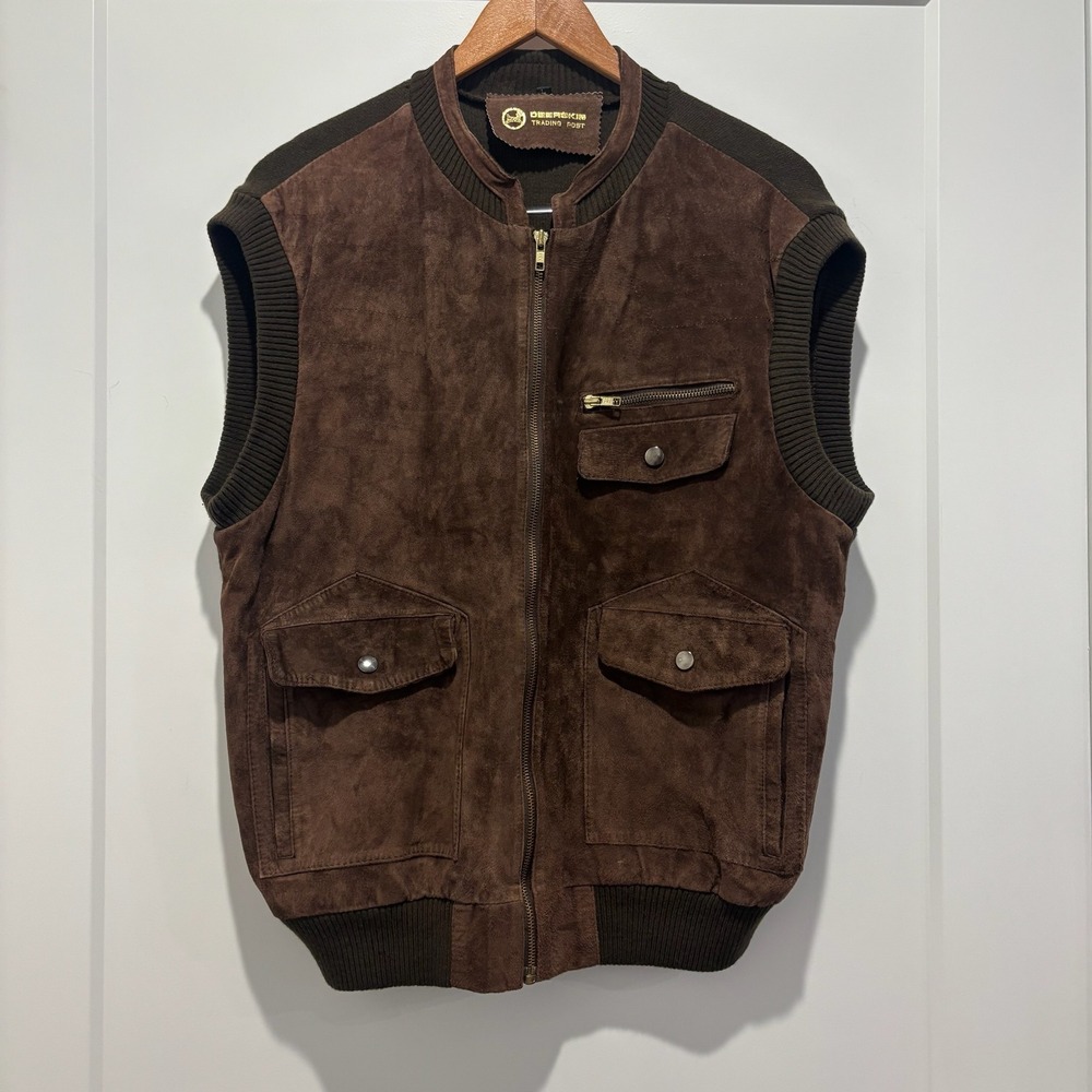 Deerskin Trading Post Mens‎ Brown Suede Leather Knit Back Full Zip Vest Size L